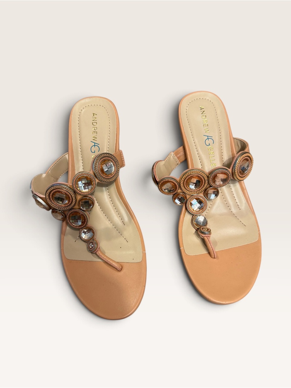 Andrew Geller Tan Jeweled Toe-Post Sandals